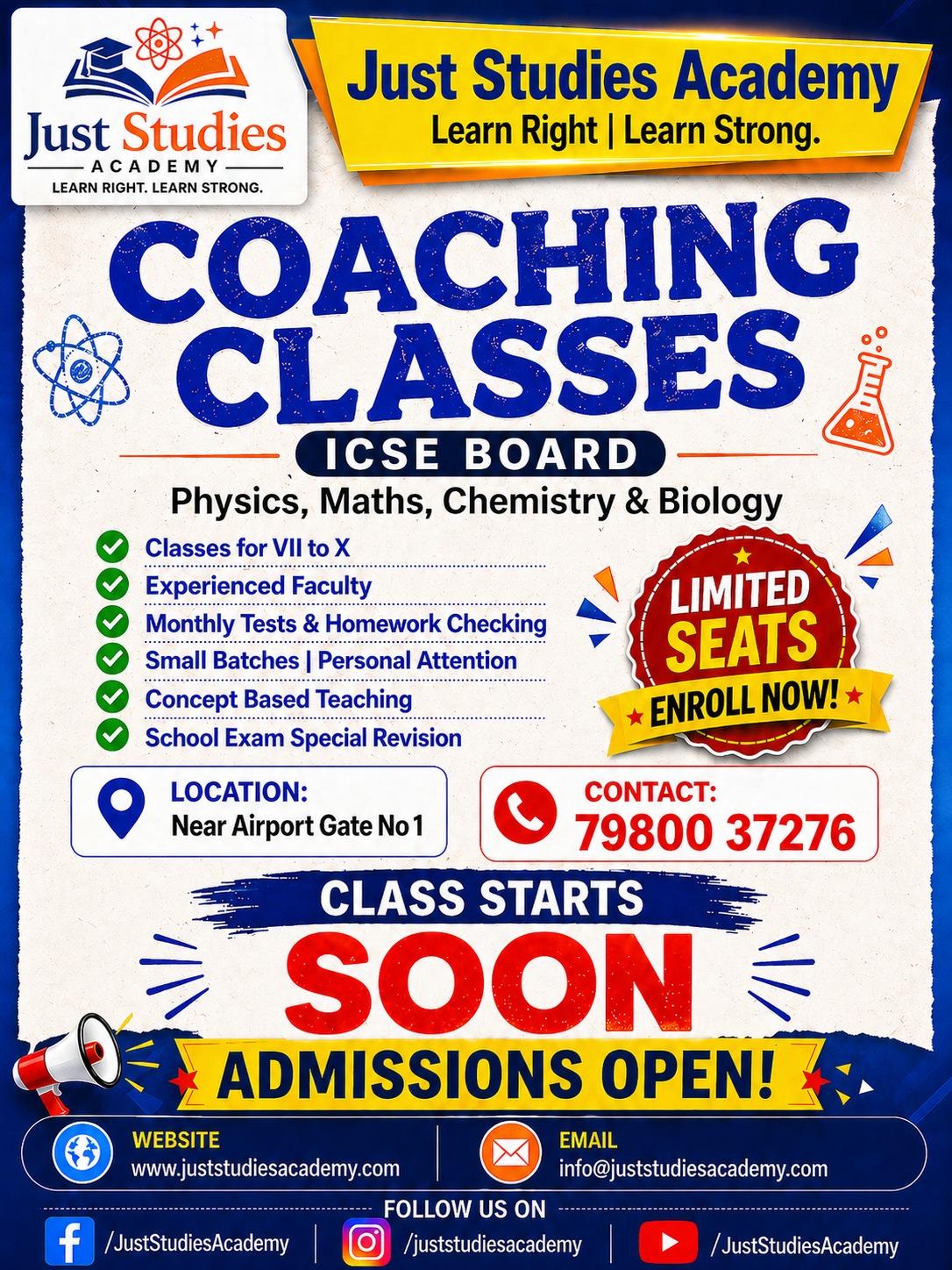 ICSE coaching information poster by Just Studies Academy